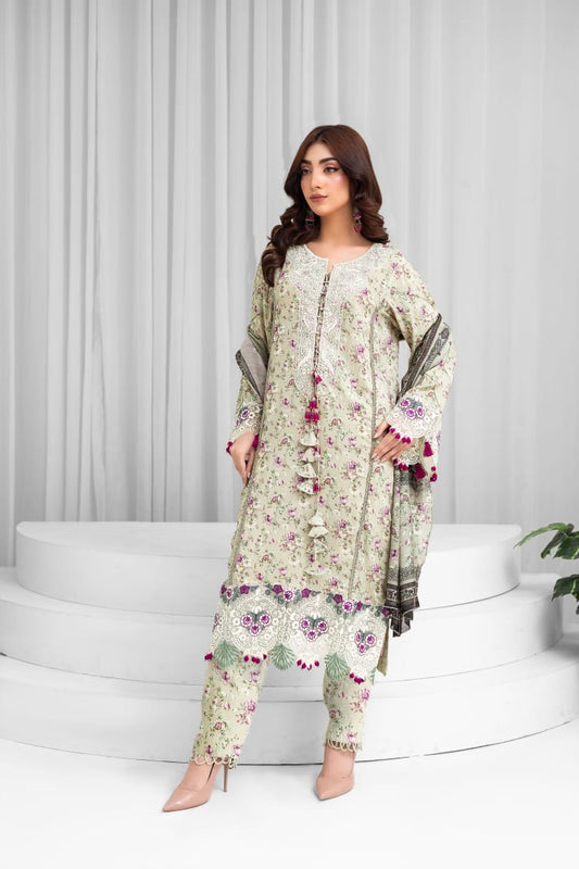 AY6 - Ladies Linen 3PC – Digital Print, Embroidery & Patch Work